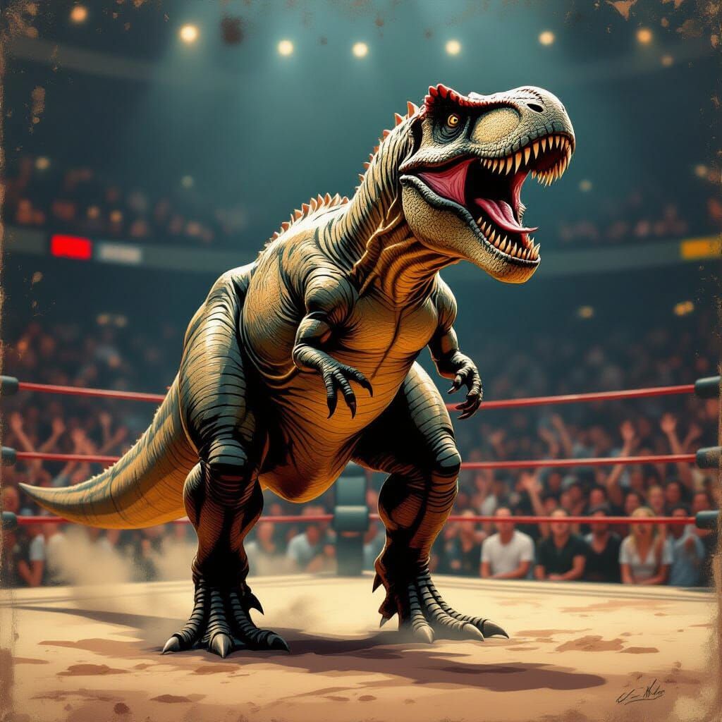 T-Rex Roars on Vintage Wrestling Poster