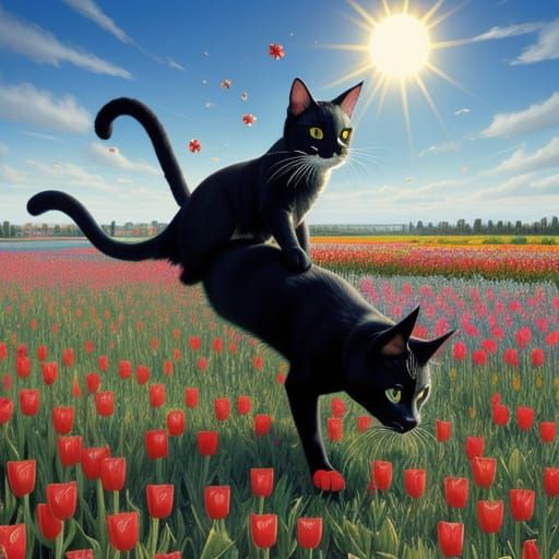 Surreal, Max Ernst. A cat diving through a field of tulips in Holland with the sun shining, glistening on the flowers.