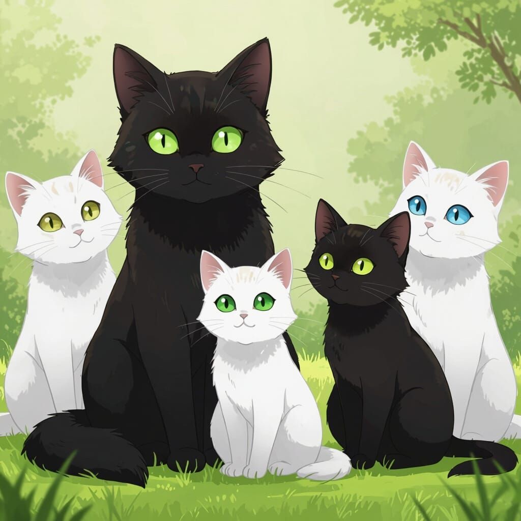 Realistic Anime Style Black Cat With Companions