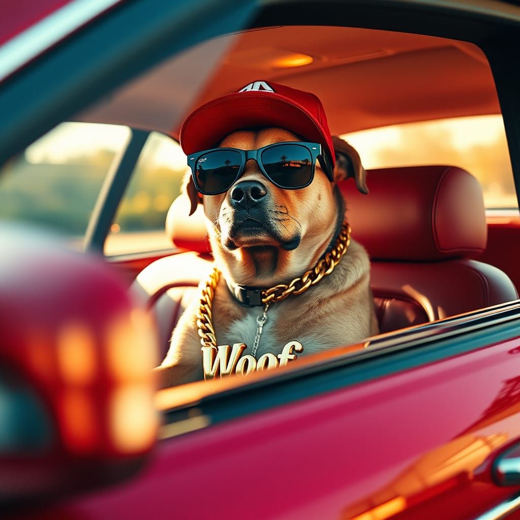 Dog in Red Limousine with Baseball Cap