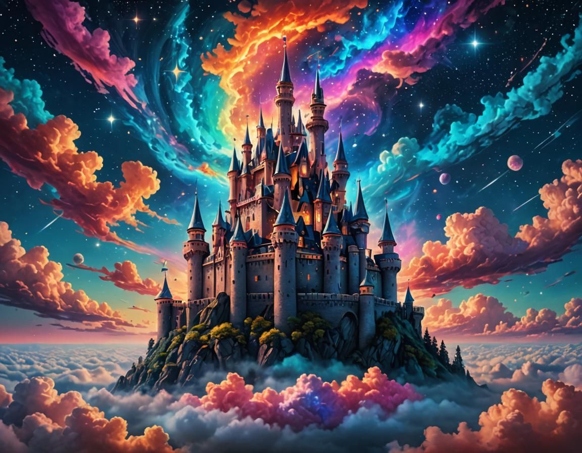 Glowing Castle Floating in Starry Cosmic Sky