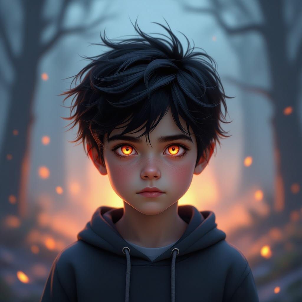 Mystical Boy with Luminous Red Eyes in Twilight Glow