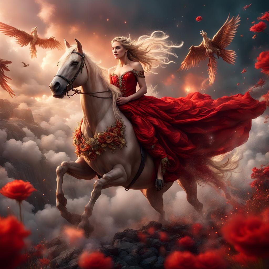 Woman on Mythical Creature in Fantasy Art