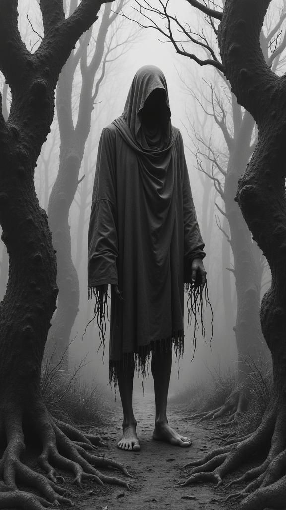 Eerie Forest: Gaunt Man in Hyper-Realistic Charcoal Drawing