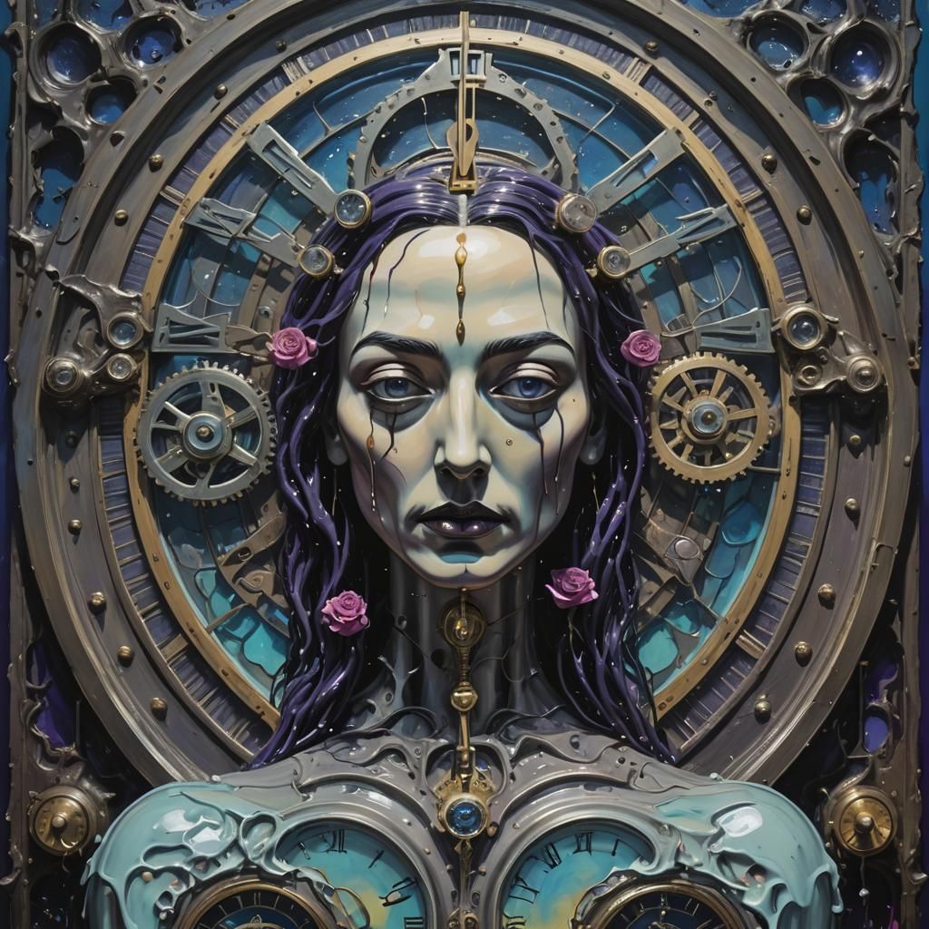 Surreal Melting Clocks in Dystopian Retrowave Landscape