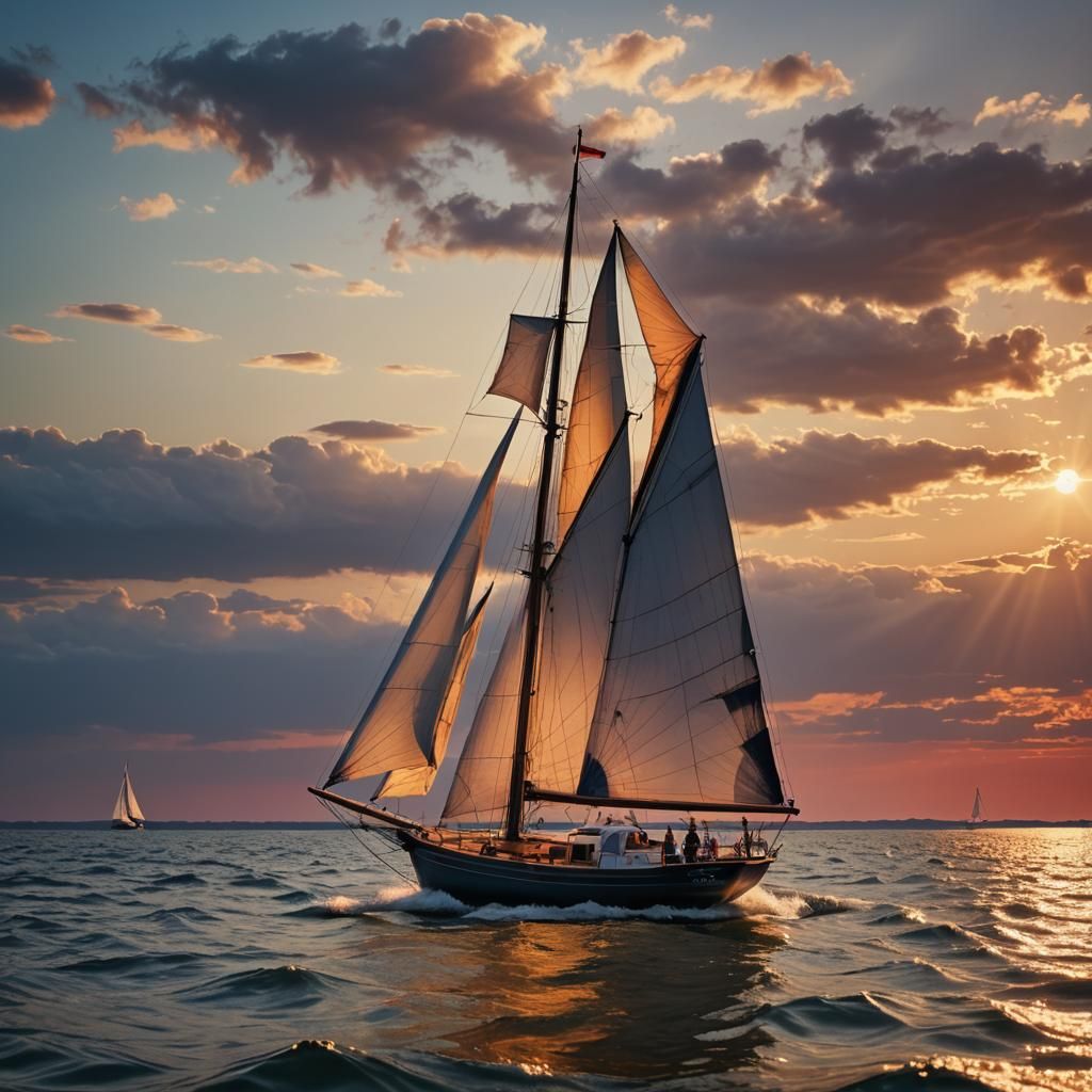 Sailboat at Sunset on Chesapeake Bay, Detailed Matte Paintin...