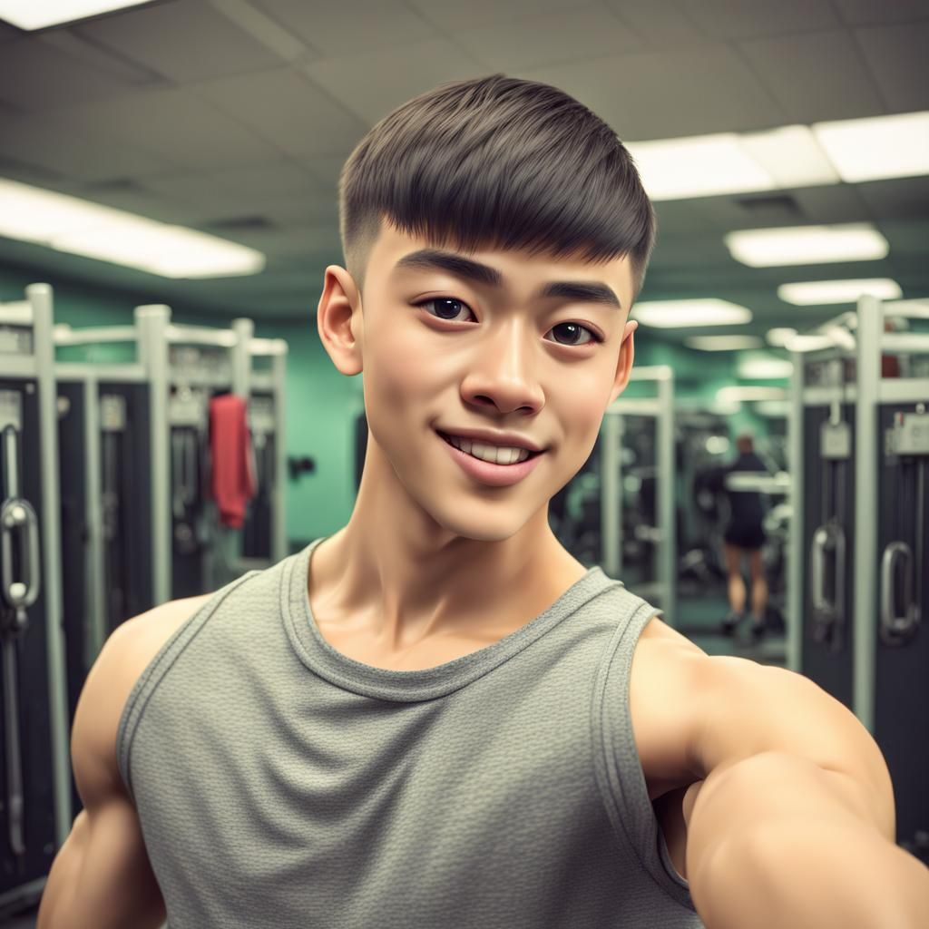 Asian fitness teen boy in a gym locker room.