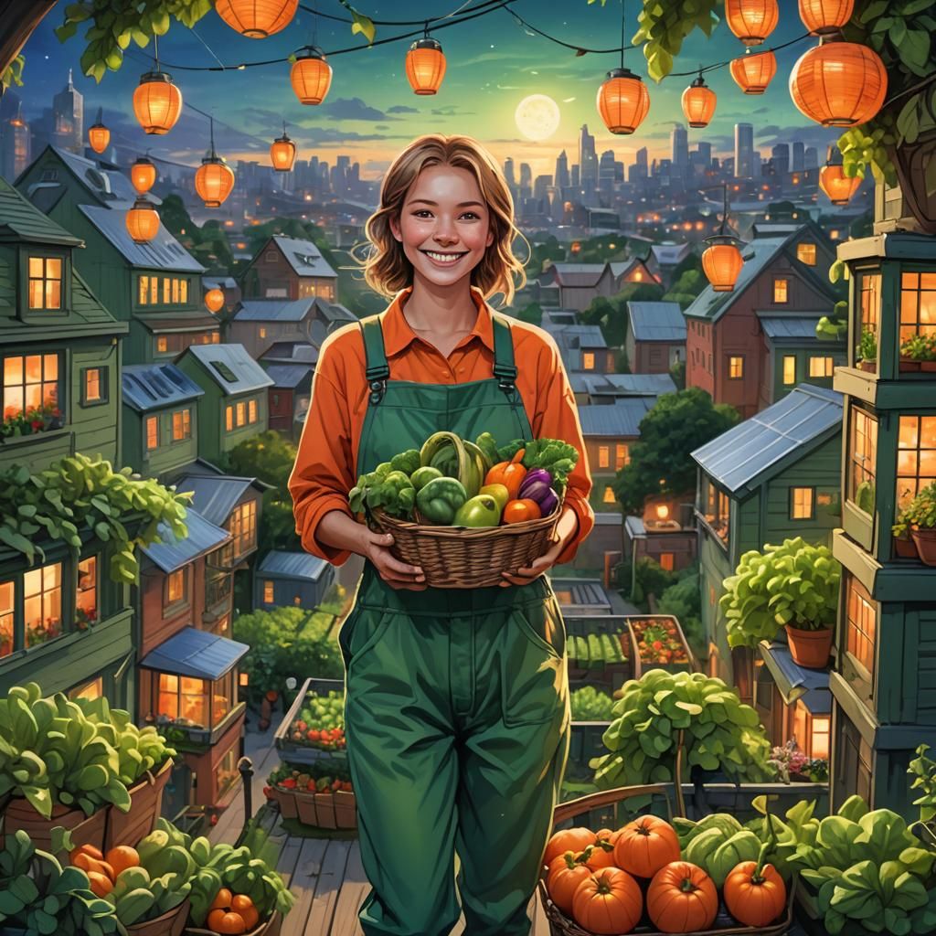 Lush Urban Balcony Farm with Woman and Produce