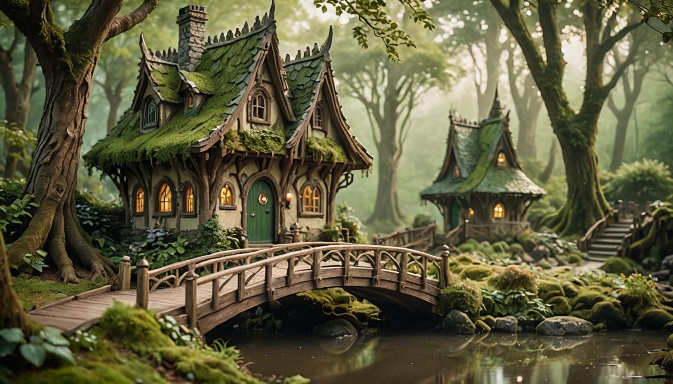 Elven Cottage with Bridge in Misty Forest