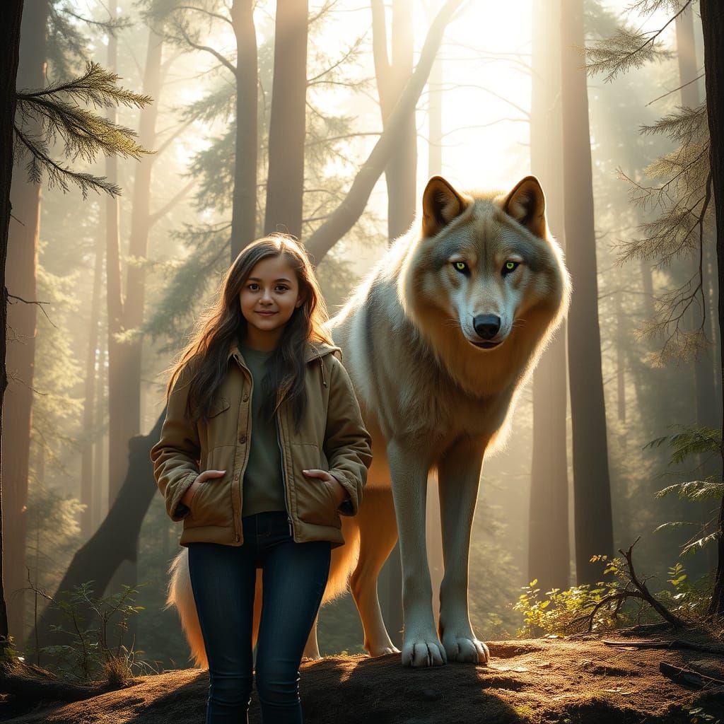 Young Woman Surrounded by a Majestic Wolf in a Misty Forest ...