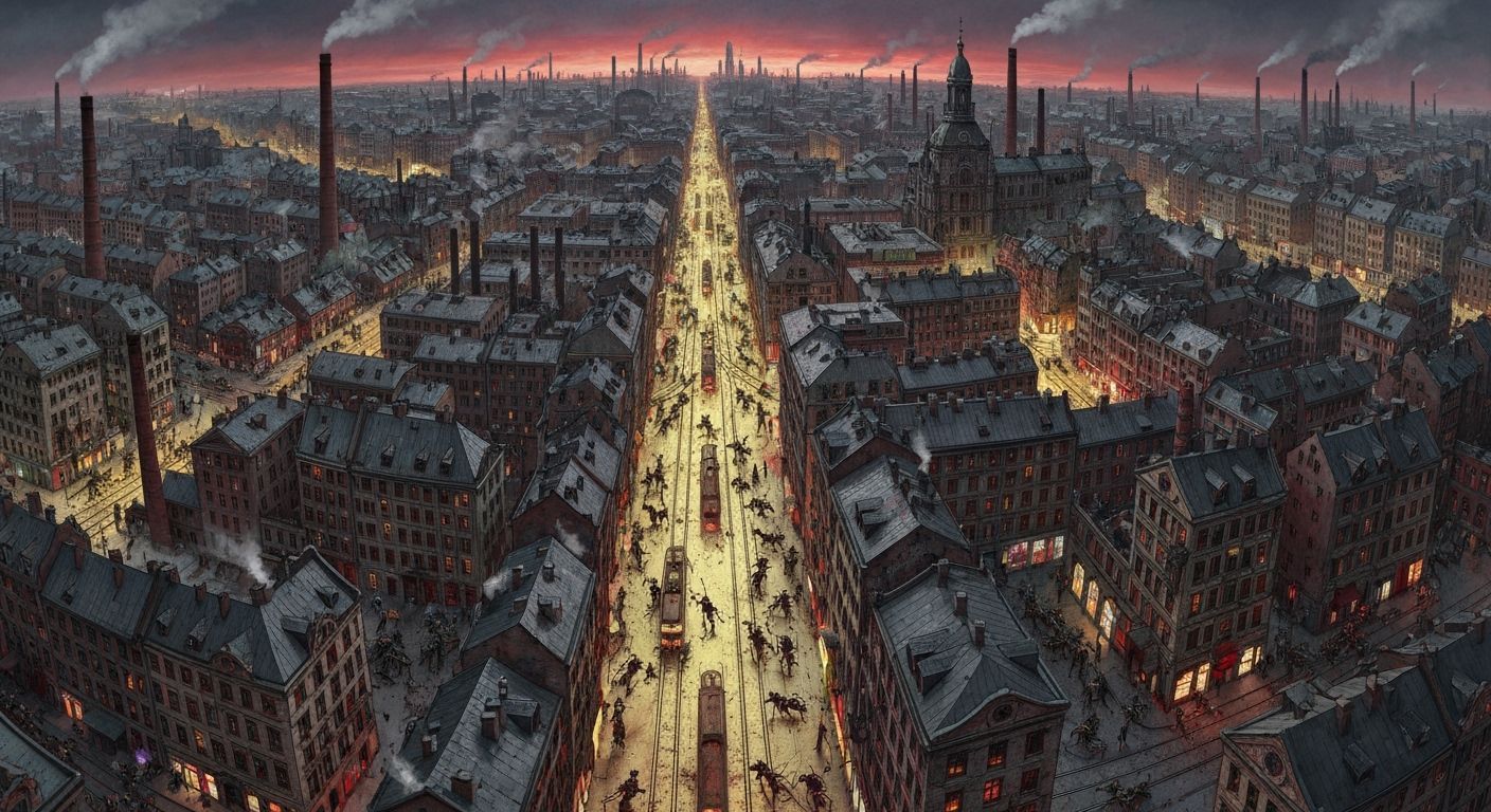 1920s Berlin Dusk Panorama in German Expressionist Style