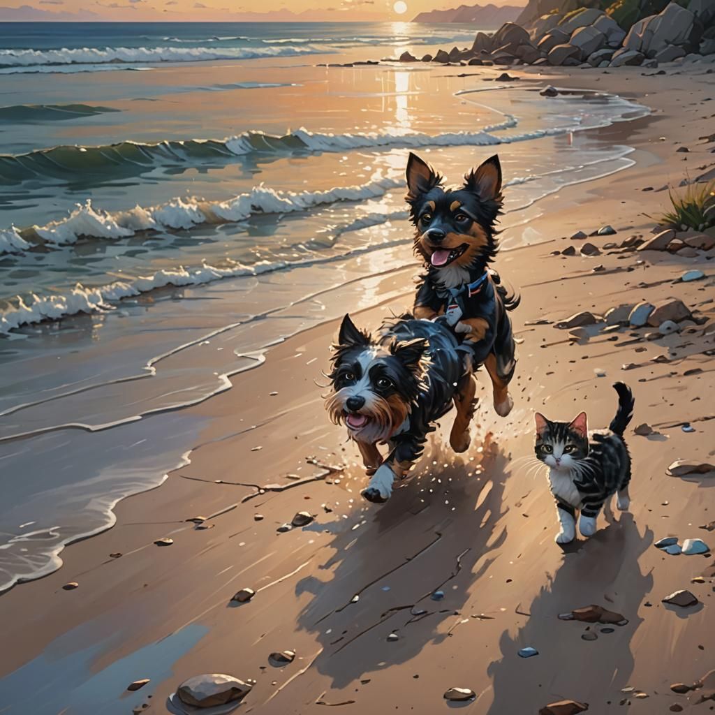 Dog and Cat Seaside Run, Hyperrealistic Splash Art