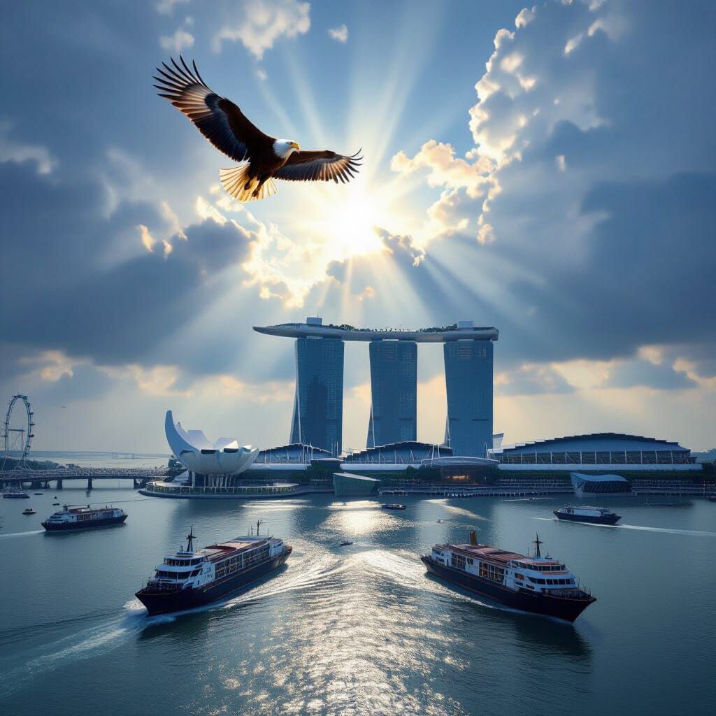 Majestic Eagle Over Marina Bay Sands with Sun Rays