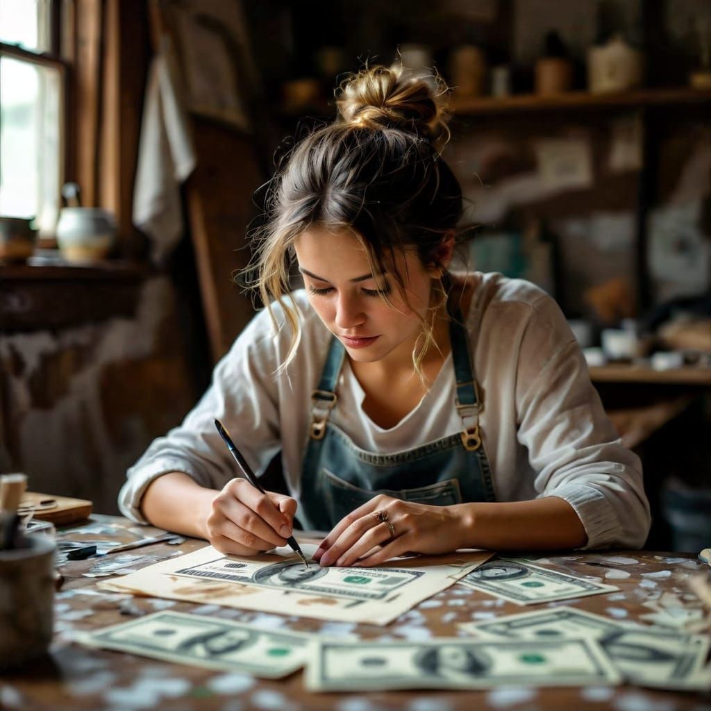 Artist Paints US Dollar Bill in Rustic Studio