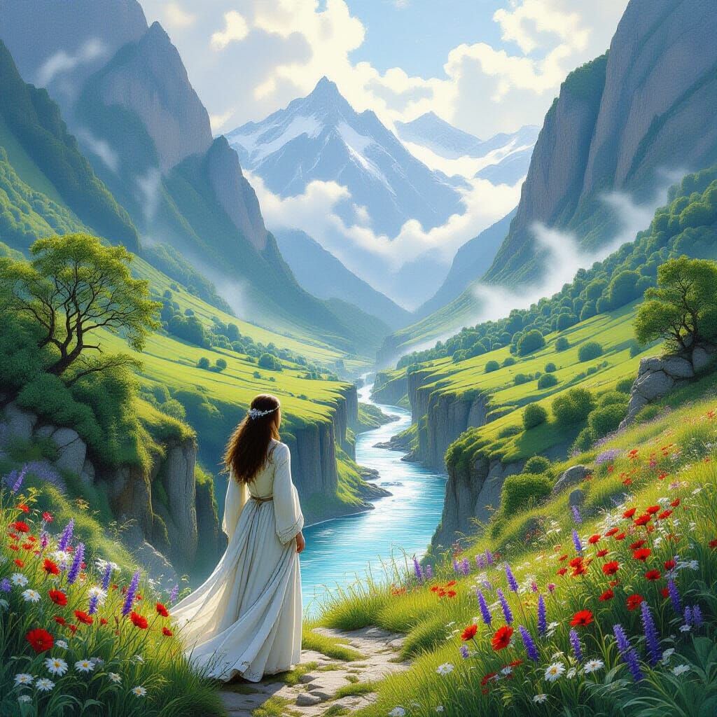 Rivendell Valley Scene in Mystical Realism Style