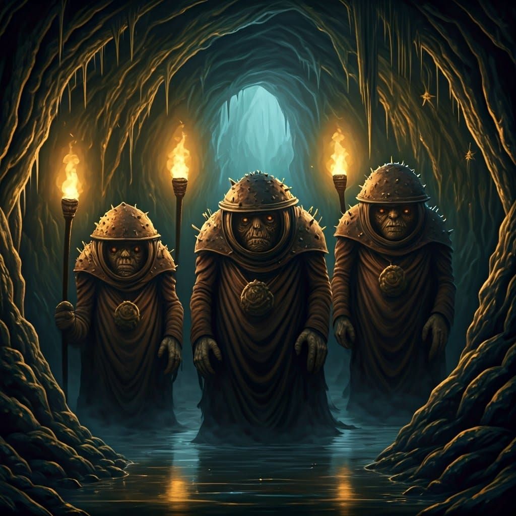 Mushroom Bullies in Dripping Cave, Dark Fantasy Art