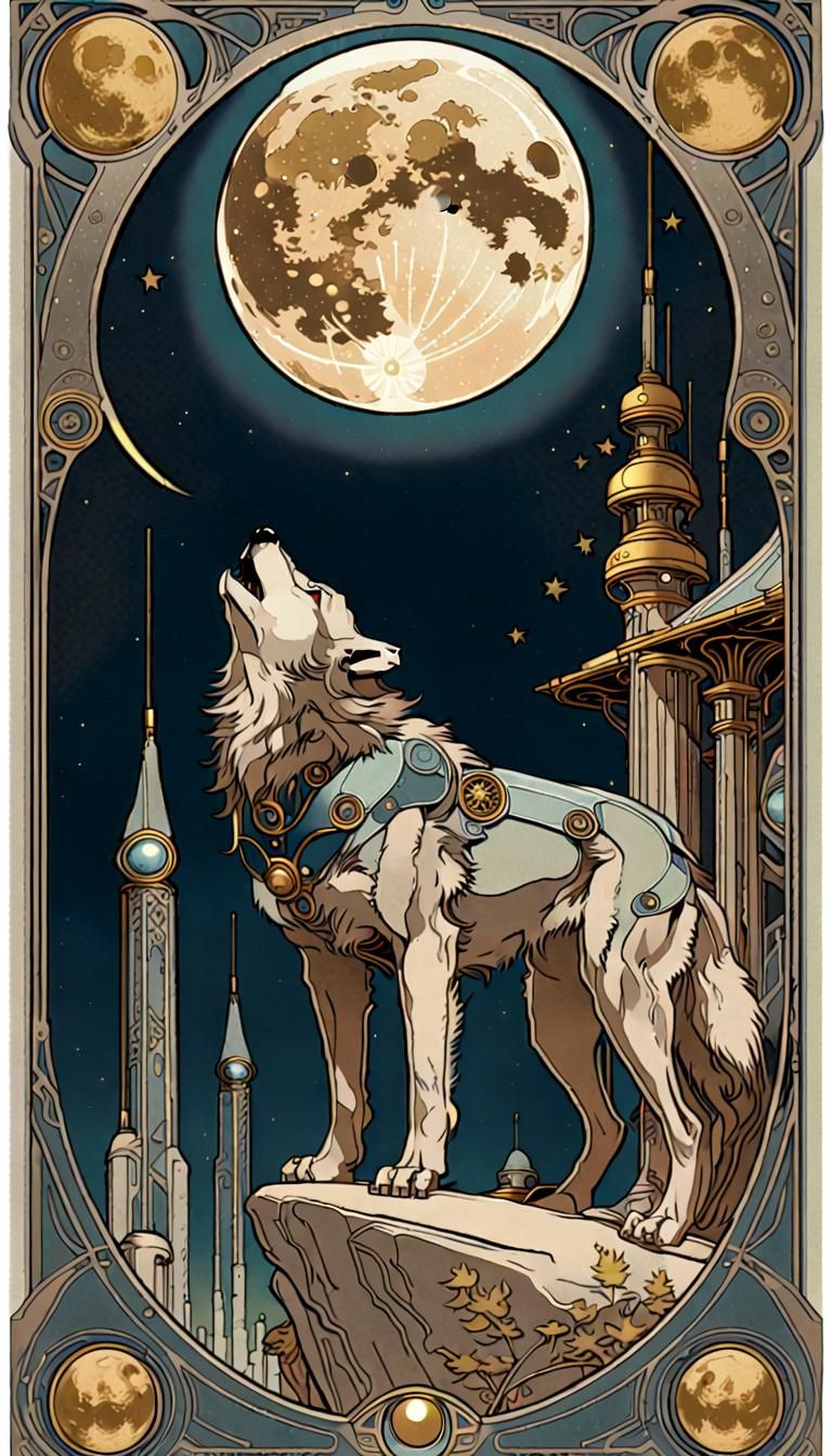 Cybernetic Moon Tarot Card in Art Nouveau Style