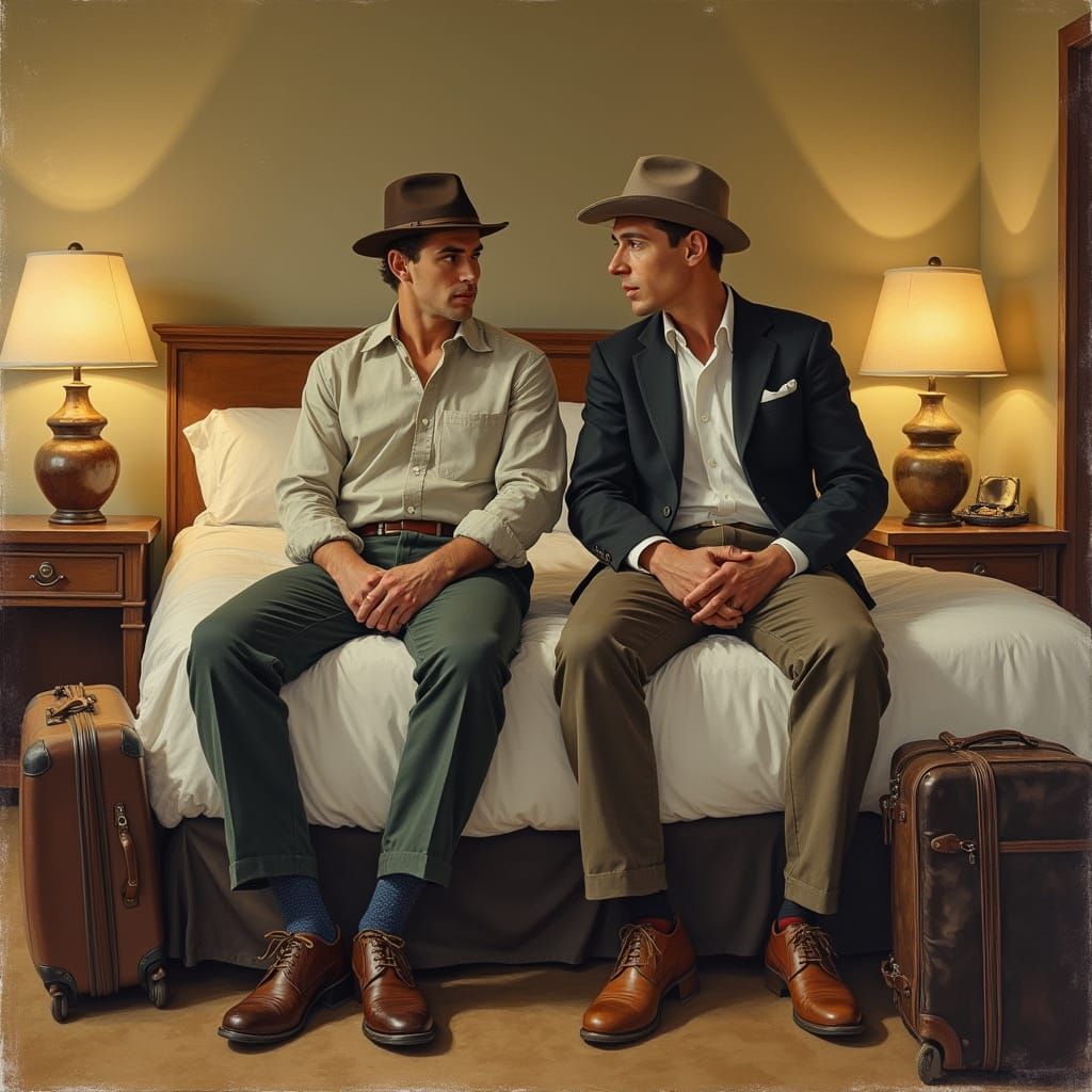 Men Relaxing in Hotel Room in Rockwell Style