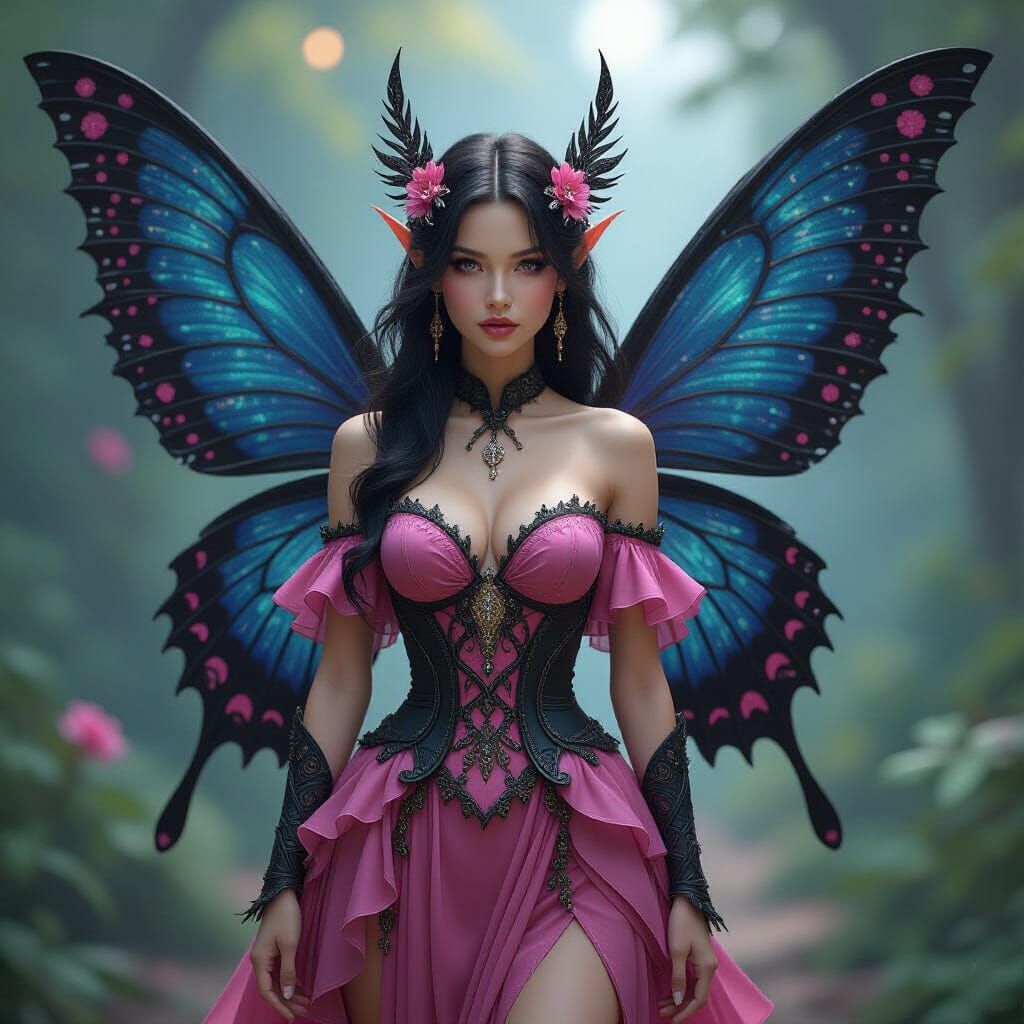 Detailed Fairy with Black Wings in Pink Outfit