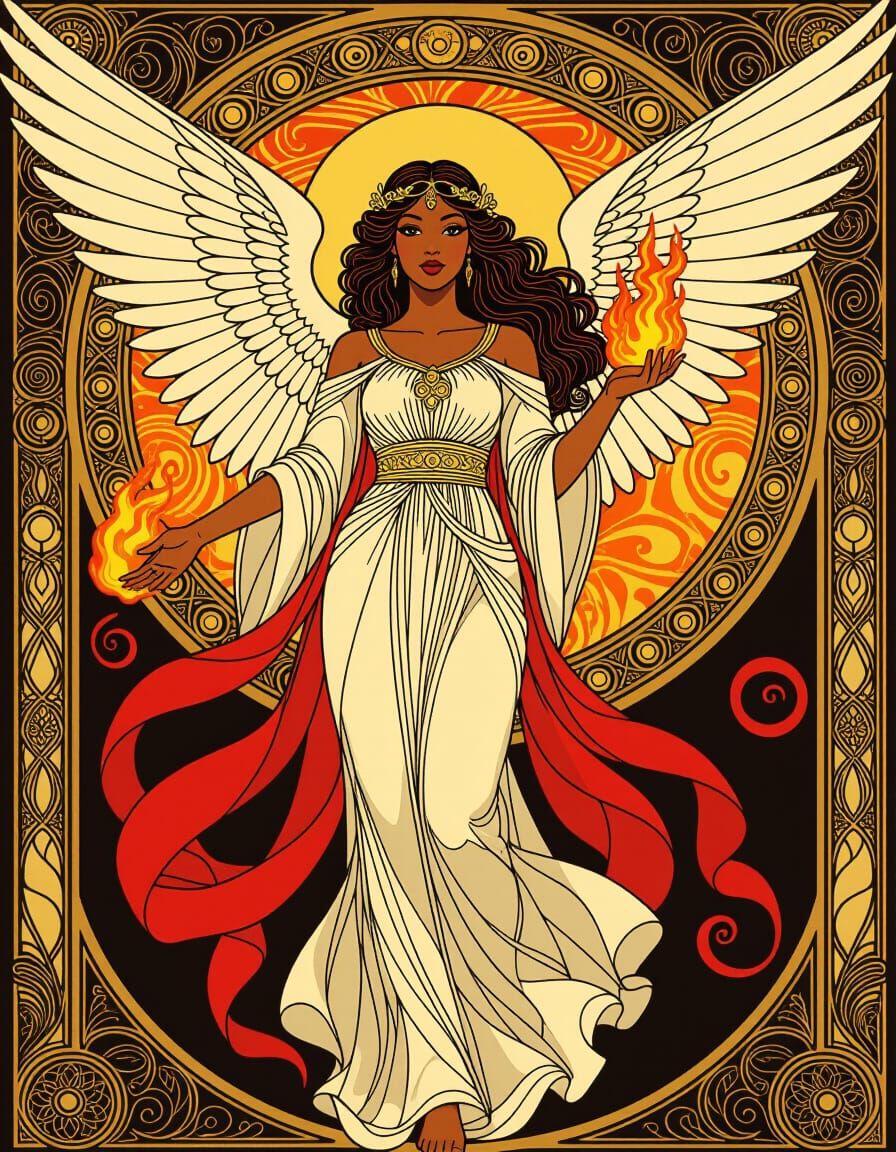 Female Angel in Art Nouveau Style with Flames