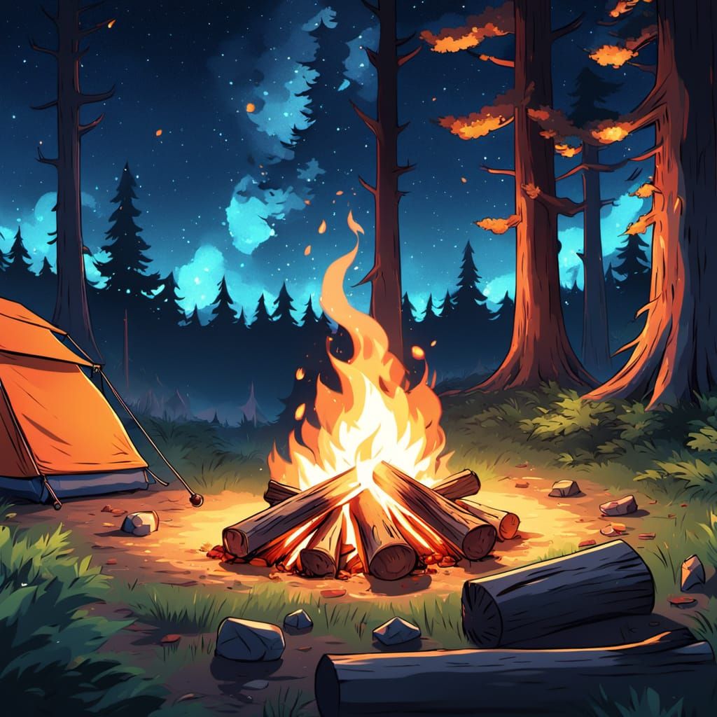 Anime Campfire Scene Under Starry Night Sky