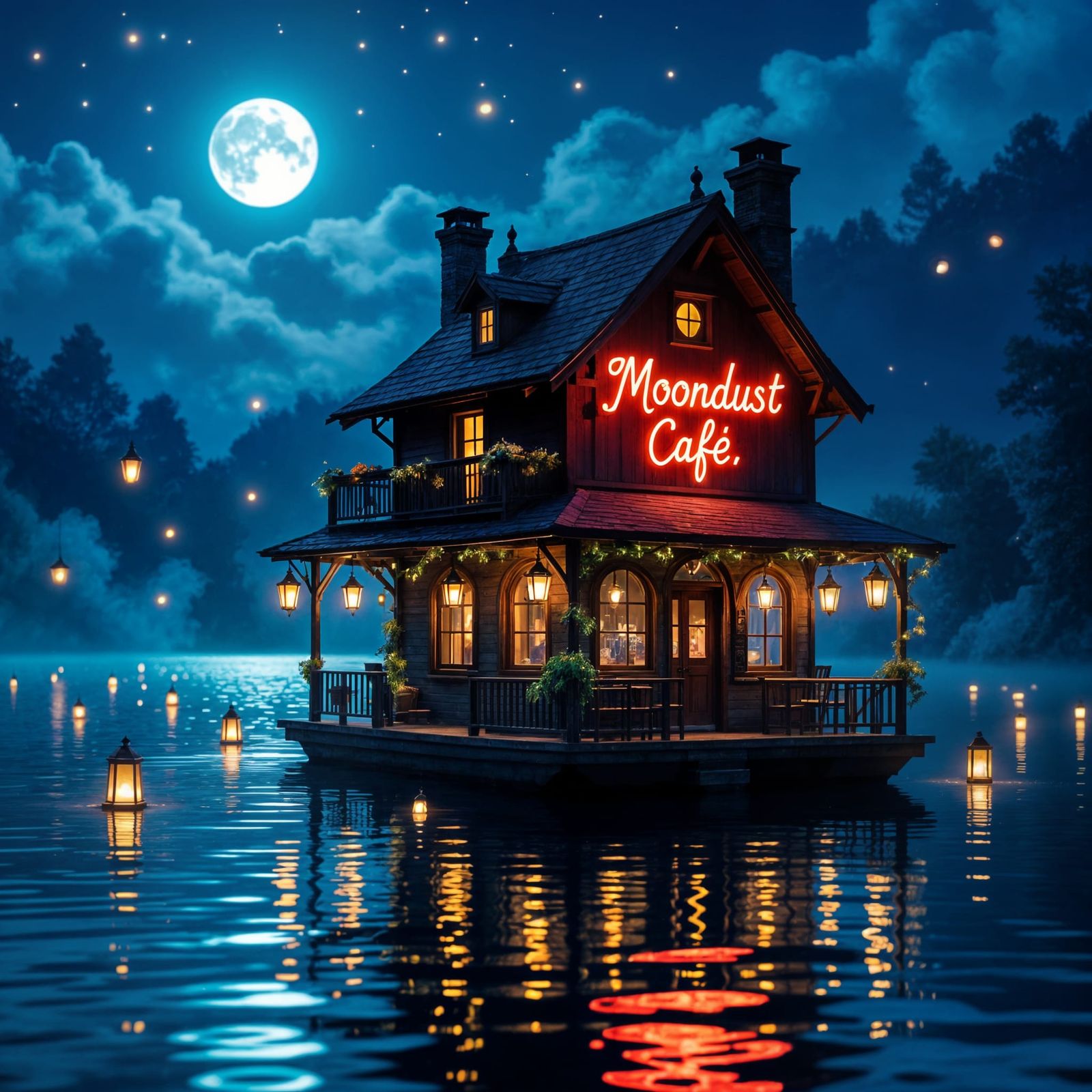 Enchanted Moonlit Café Floating on Lake