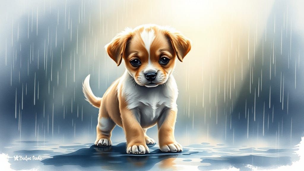 Watercolor Puppy Basks in Warm Sunlight Amidst Rainy Scene
