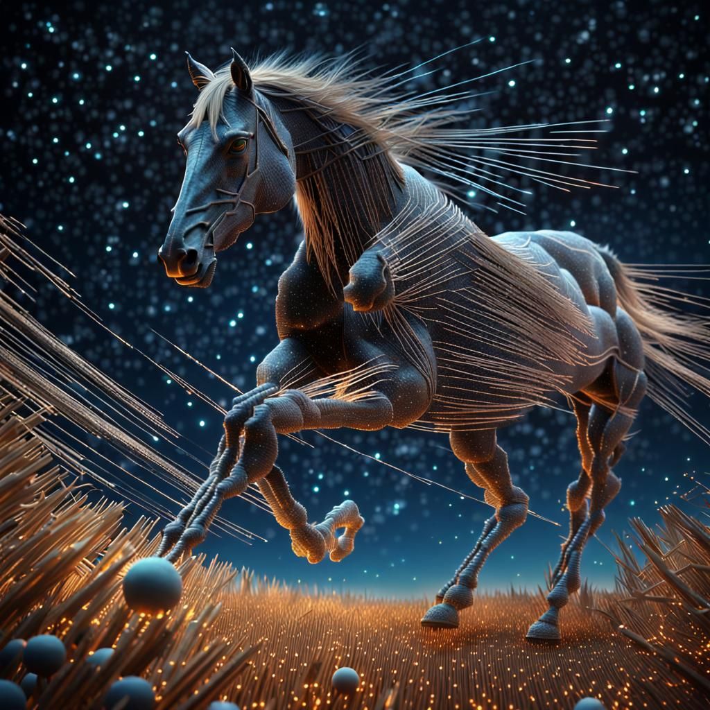 Needle Horse Stampede in Futuristic Space: Hyperdetailed Art