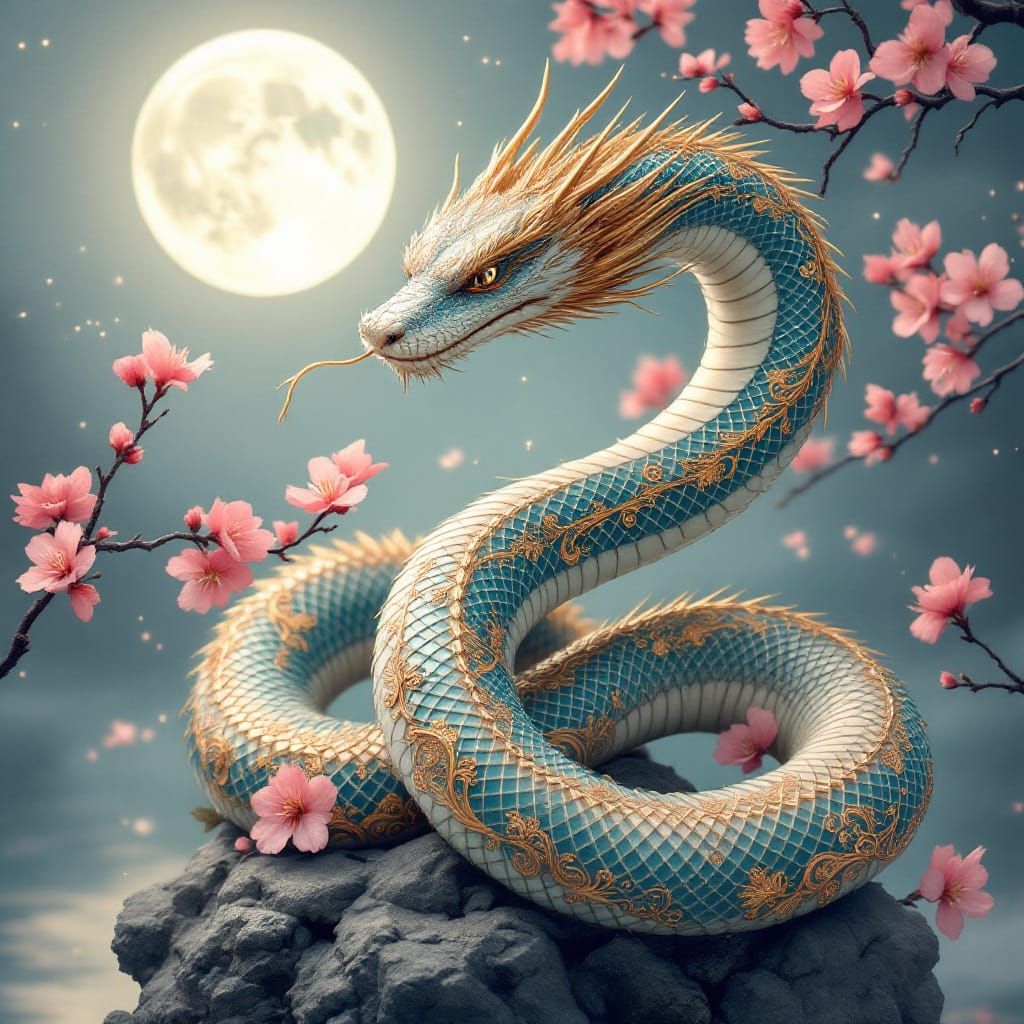 Sakura Serpent: Japanese Art Nouveau Digital Illustration