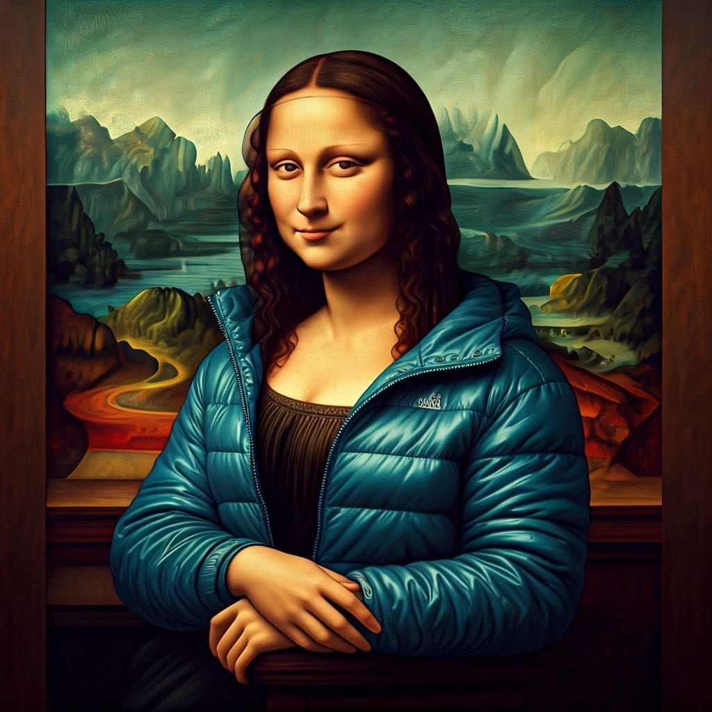 Mona Lisa in Glossy Puffer Jacket: Hyperrealistic Photo