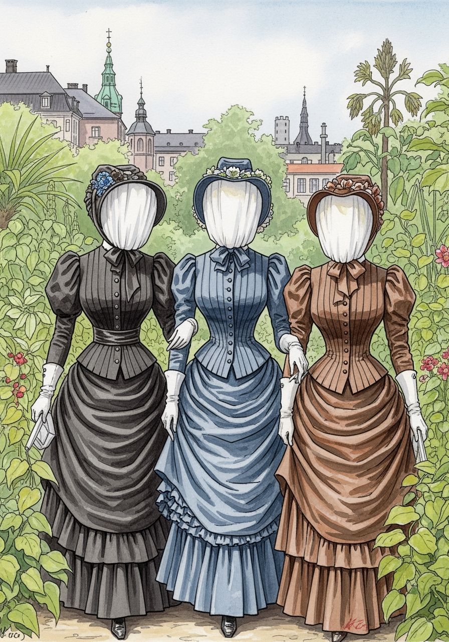 Victorian Ladies in Botanic Garden, Watercolor Painting