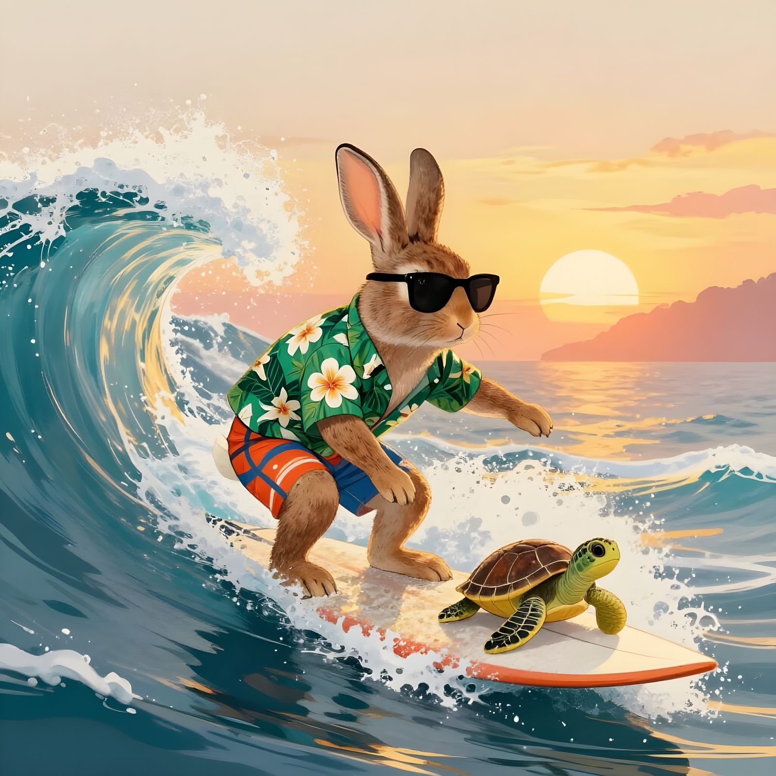 Rabbit Surfing Majestic Wave with Baby Turtle