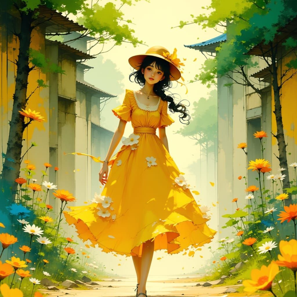 Joyful Young Woman Walking in a Vibrant Floral Street Scene
