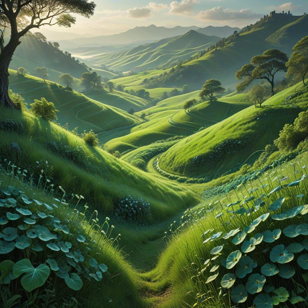 Lush Art Nouveau Green Landscape with Rolling Hills