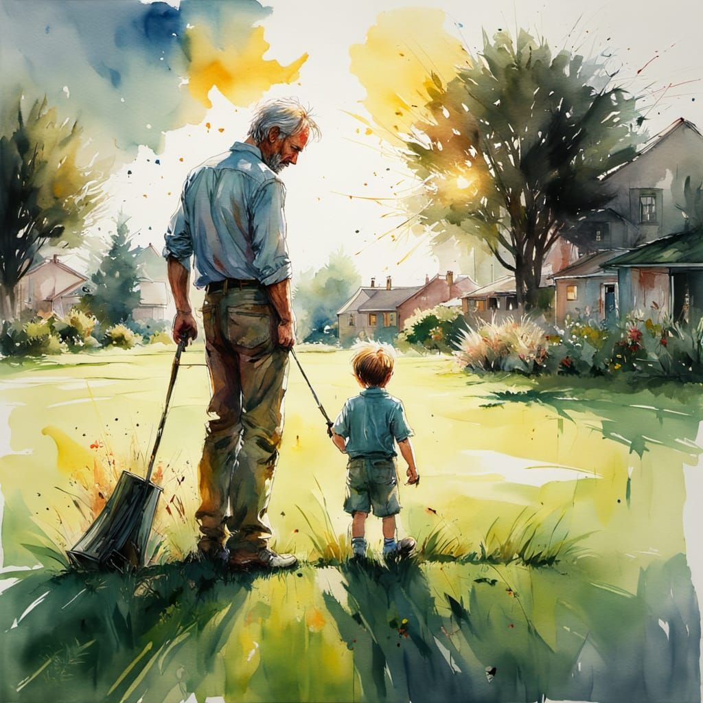 Heroic Dad Stands Proudly: Watercolor Sunset Scene