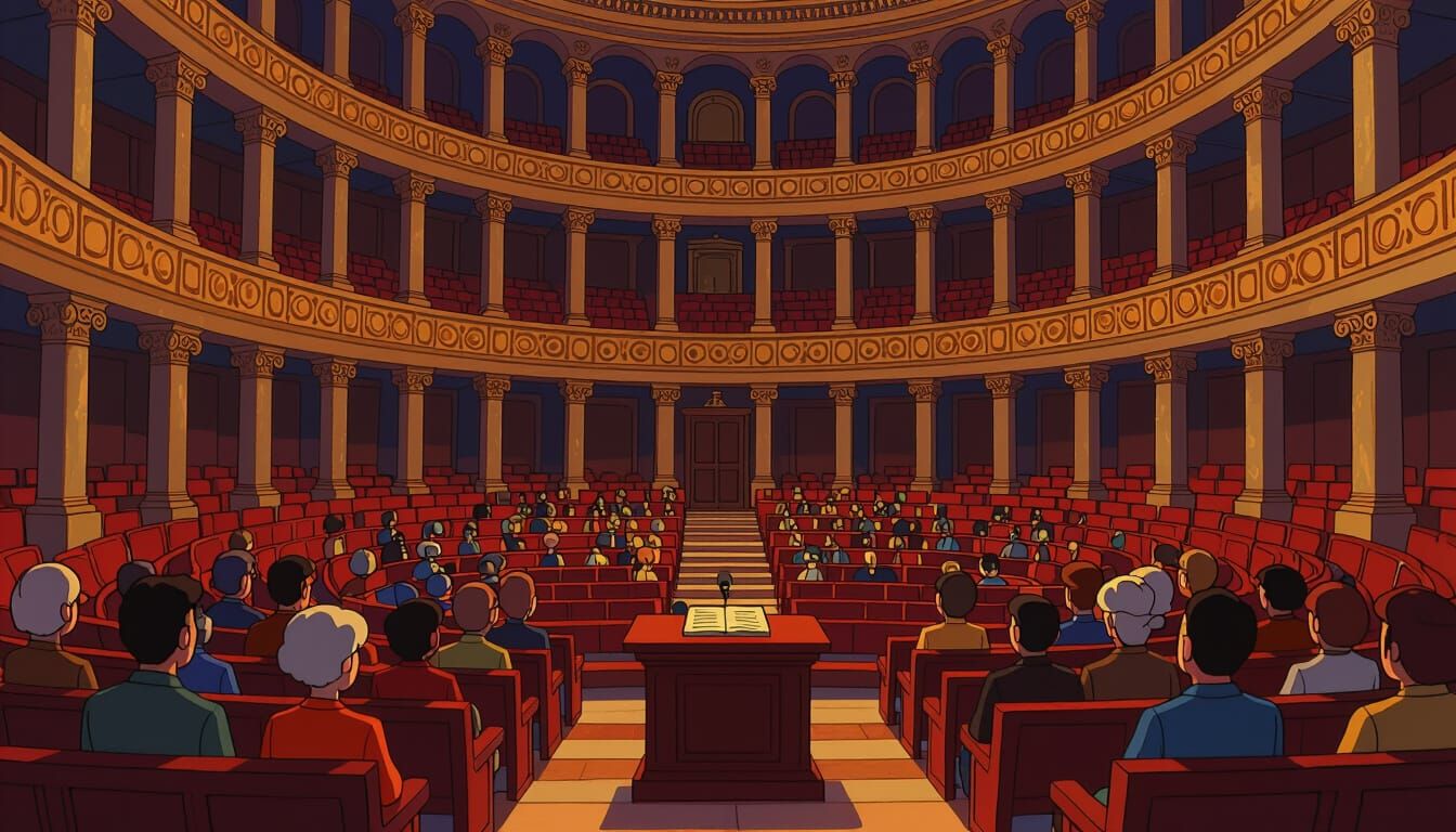 Cartoon Church Interior Inspired by Greek Amphitheater