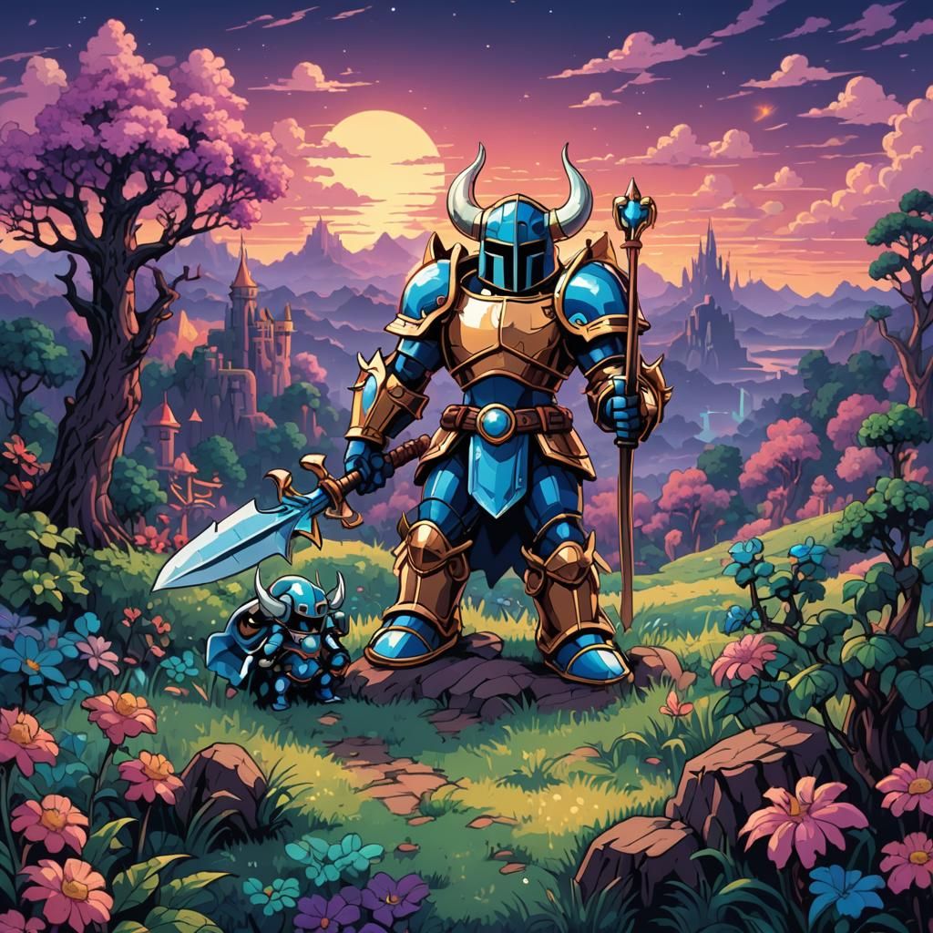 Shovel Knight in Mystical Pixel Art Landscape