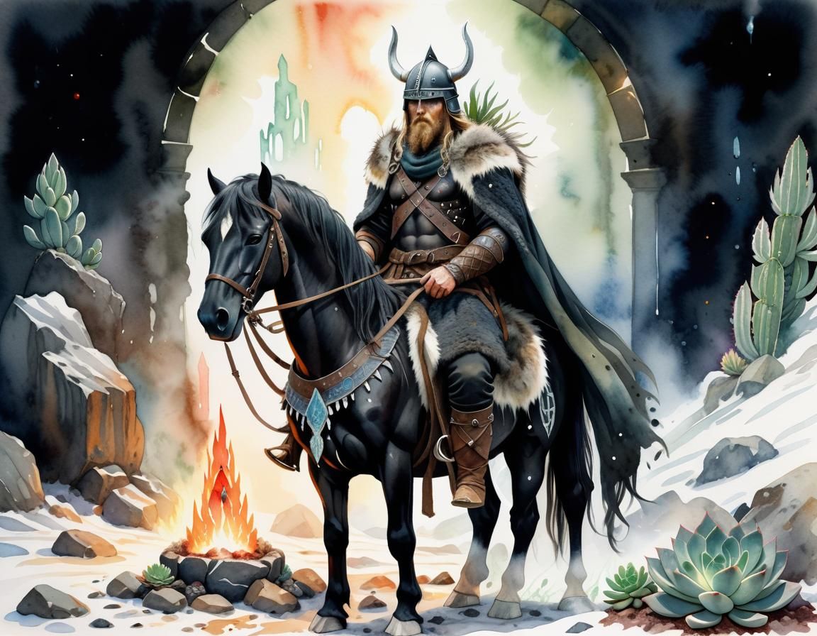 Viking Warrior with Horse in Watercolor Style