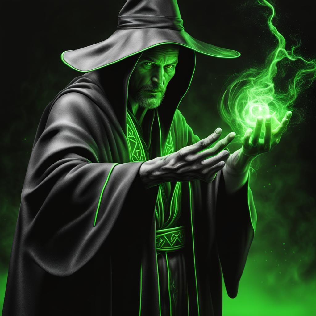 Realistic Sorcerer Casting Neon Green Magic
