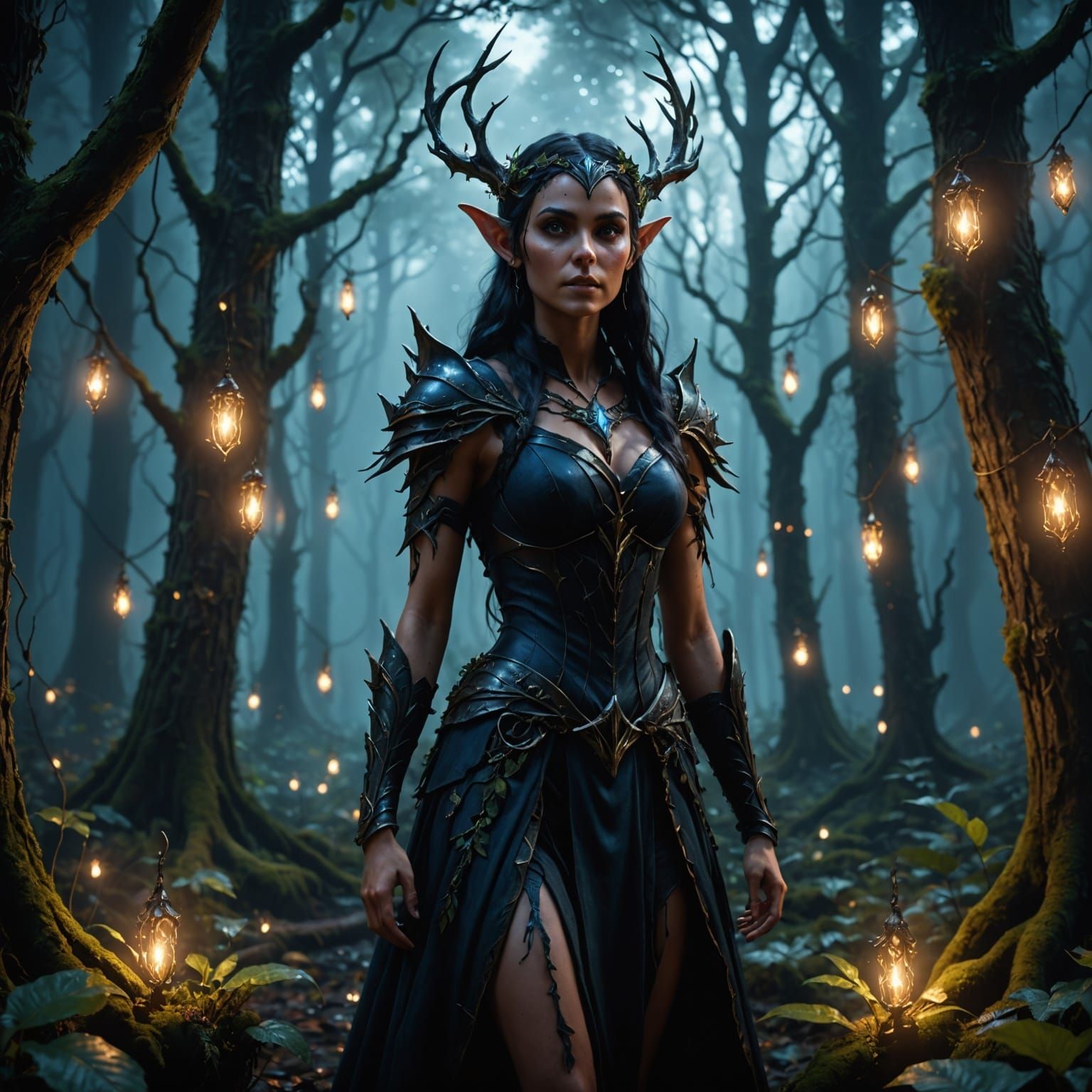 Dark Elven Enchantress in a Mystical Forest Landscape