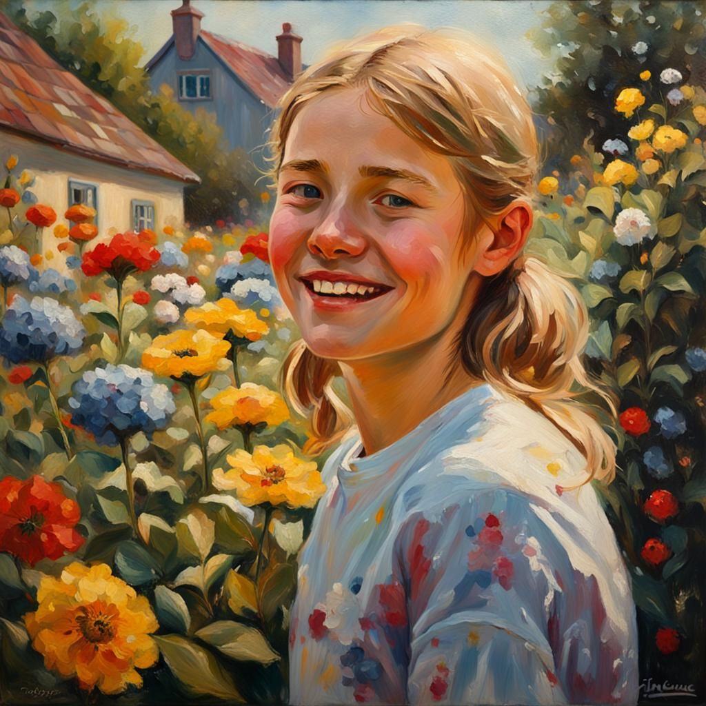 Happy Girl in Sunny Garden, Thaulow-esque Oil Painting