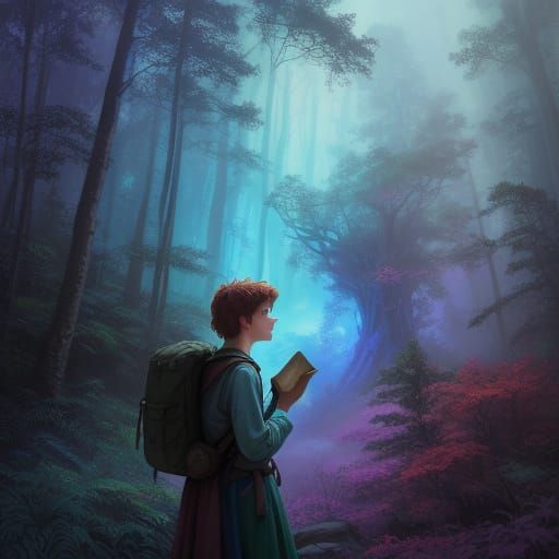 Whimsical Fantasy Adventurer Stands Before Glowing Portal