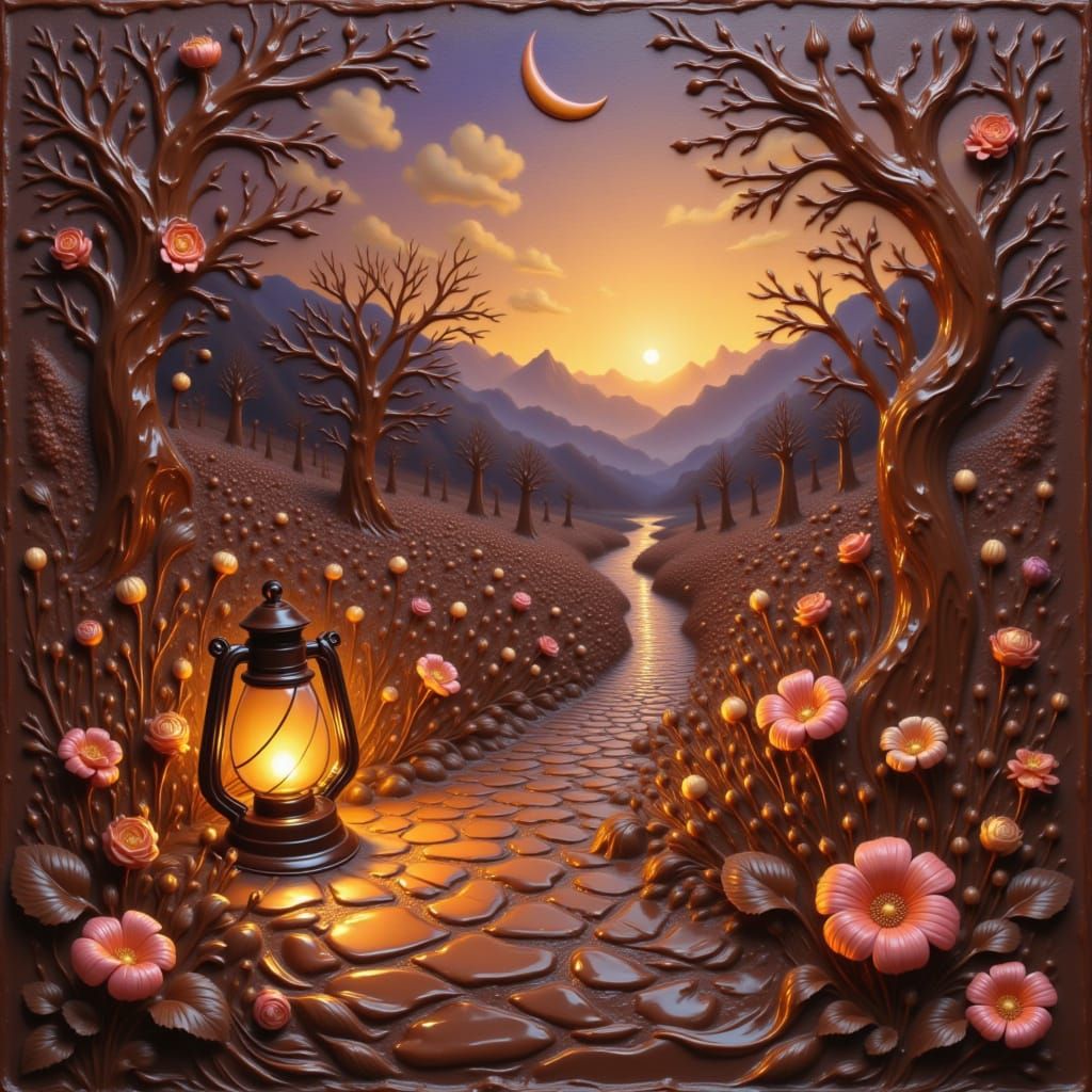 Chocolate Lantern Glows on Cobblestone Path in Oil Painting ...
