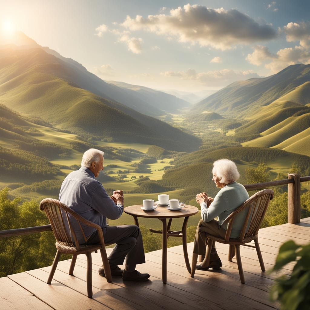 Elderly Couple Enjoying Coffee with Valley View