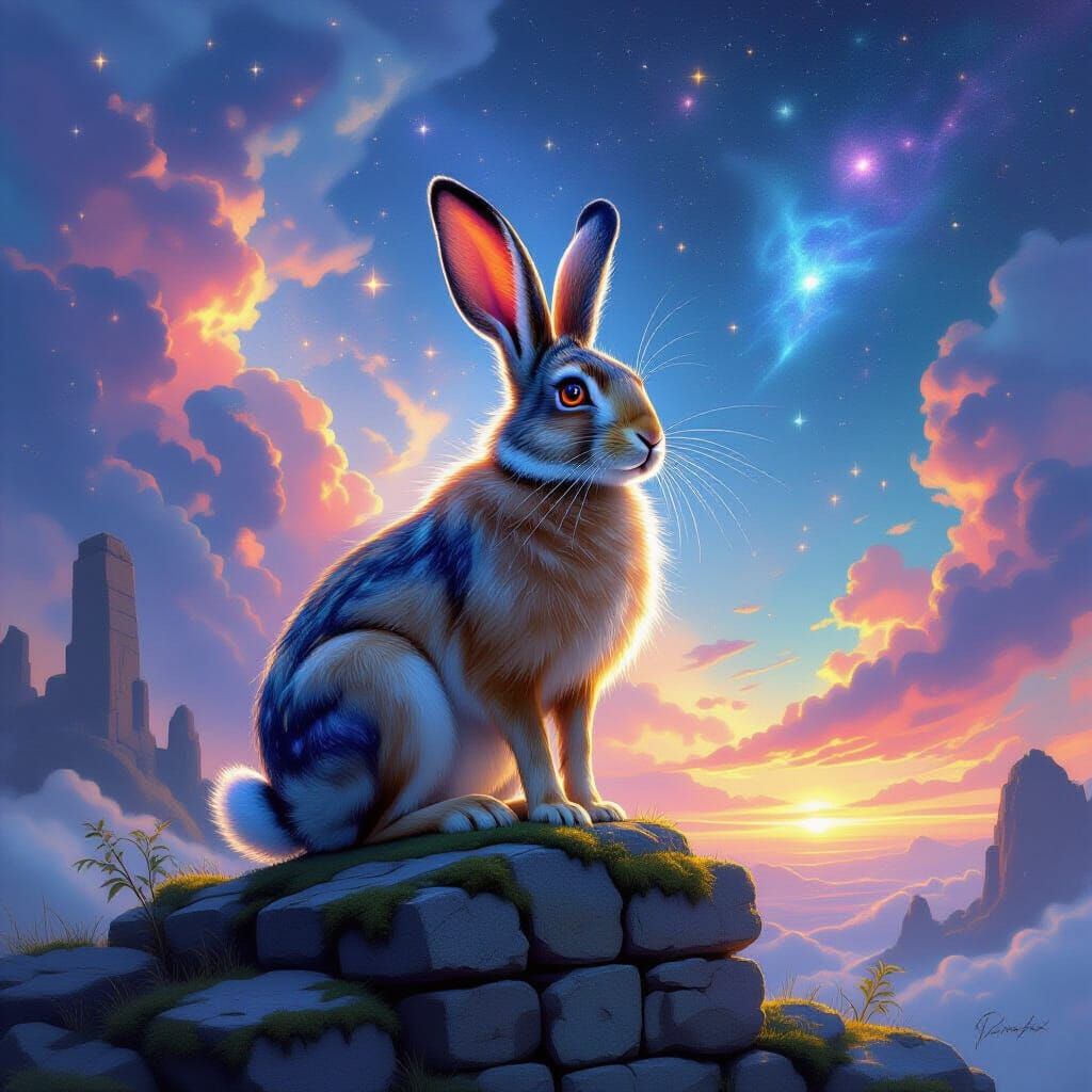Cosmic Hare on Ancient Ruins in Painterly Style