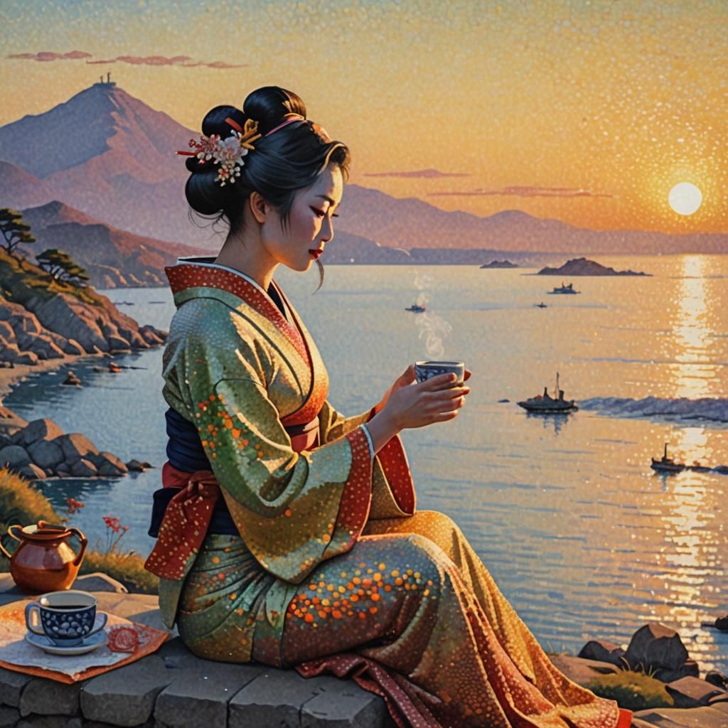 Geisha Drinks Tea in Pointillism Style Sunset
