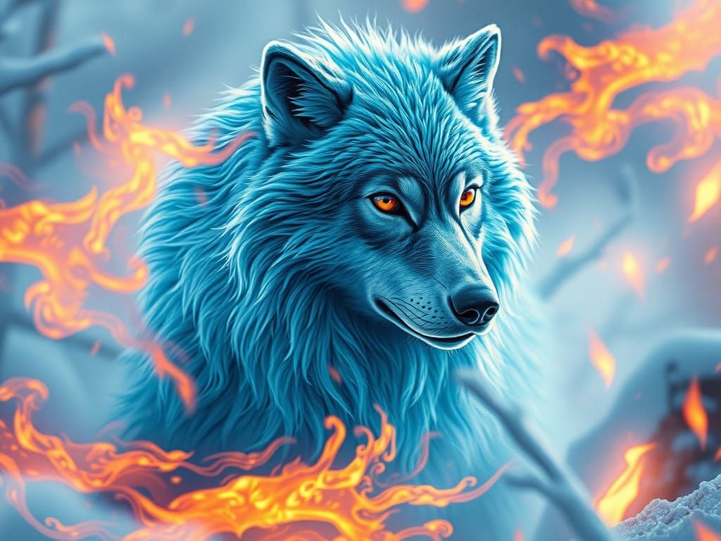 Majestic Ice Fire Snow Wolf in Snowy Landscape