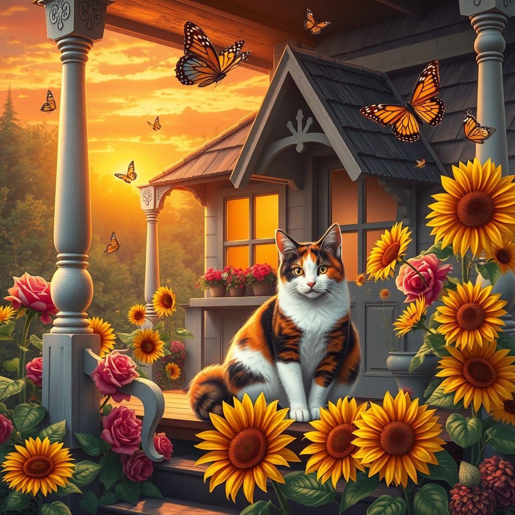 Calico Cat in Sunflower Cottage: Whimsical Illustration