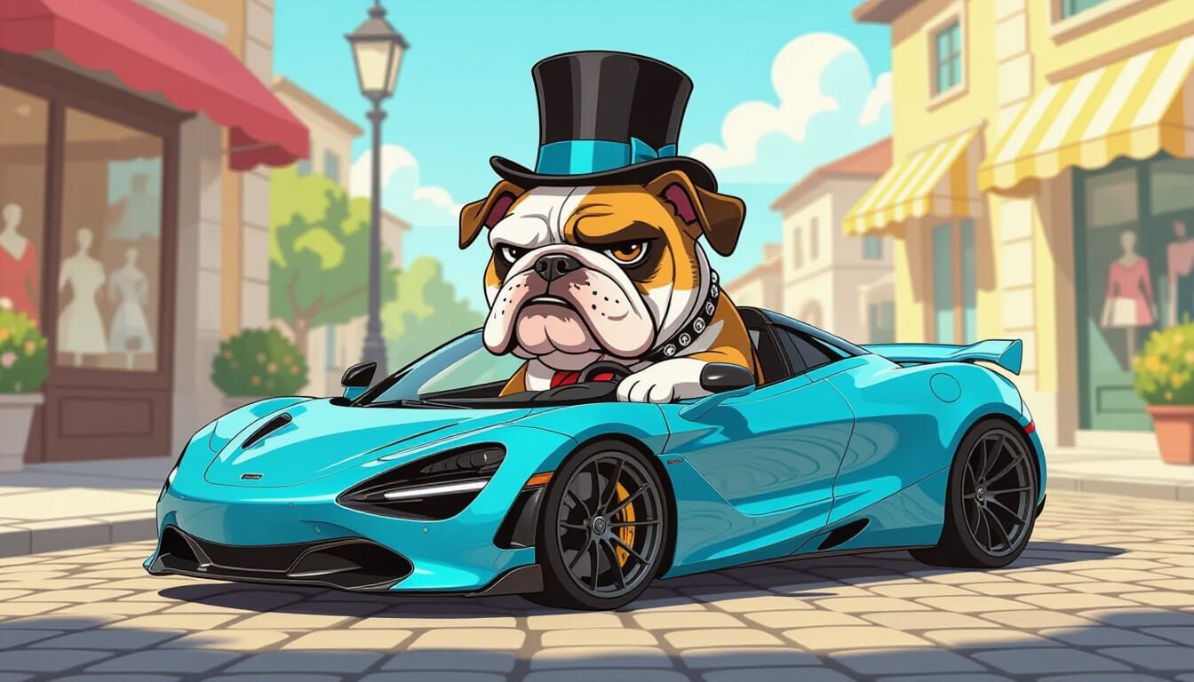 Grumpy Bulldog Drives Tiny McLaren in Cartoon Style