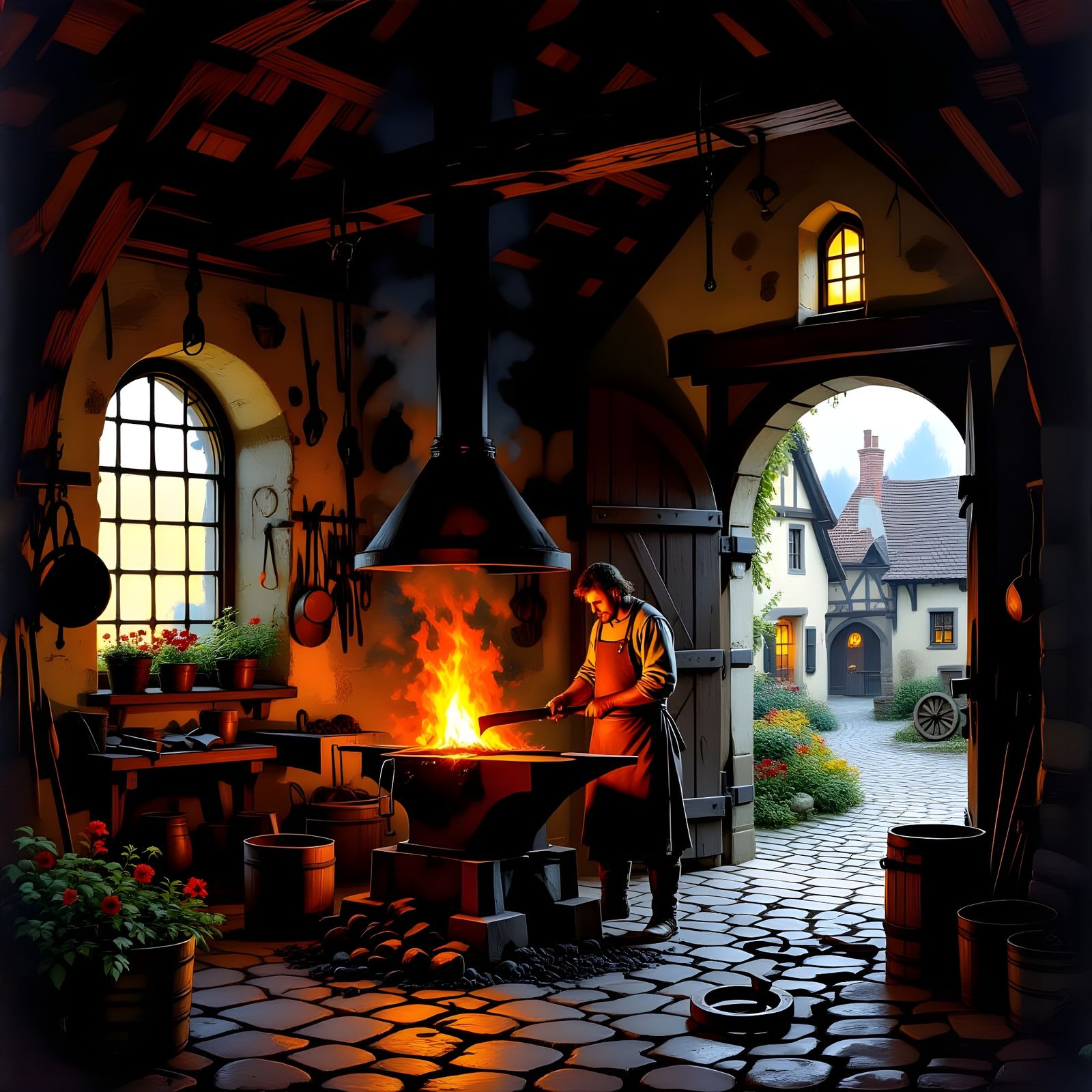 Medieval Smithy with Blazing Forge and Young Blacksmith